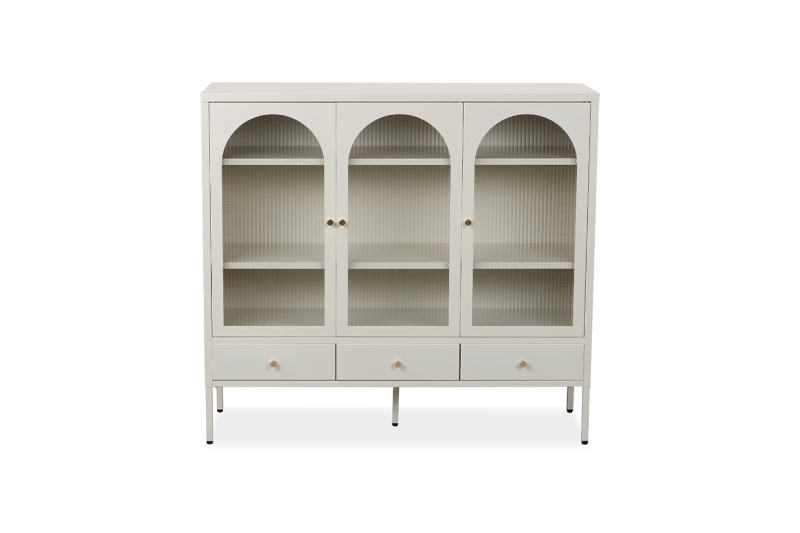 Picture of STARK Steel Frame 3-Arched Doors 3-Drawers Glass Display Cabinet (Cream)