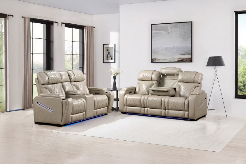 Picture of CALVIA Duo Motor Zero Gravity Adjustable Headrest Reclining Sofa Range (Beige) - Loveseat + Sofa Set